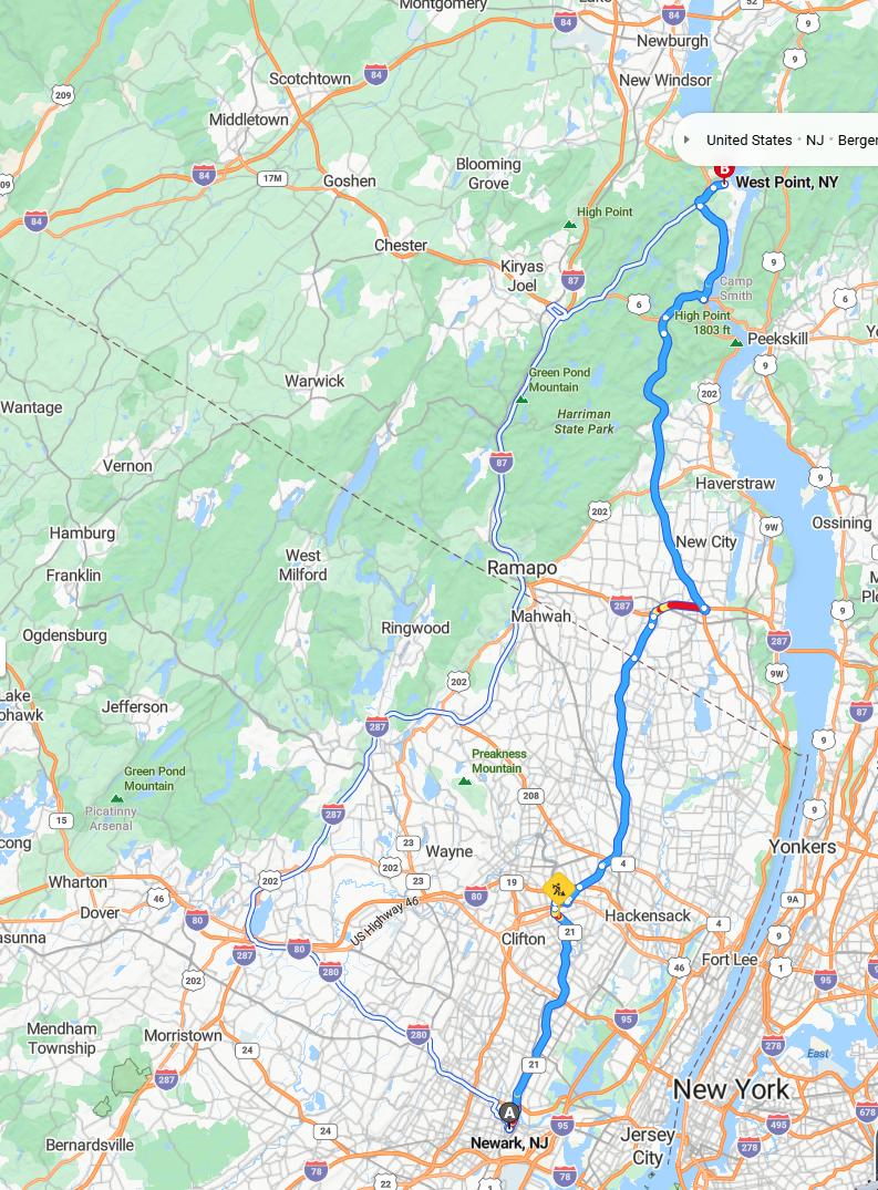 driving from Newark, New Jersey to West PointNew York - map and route
