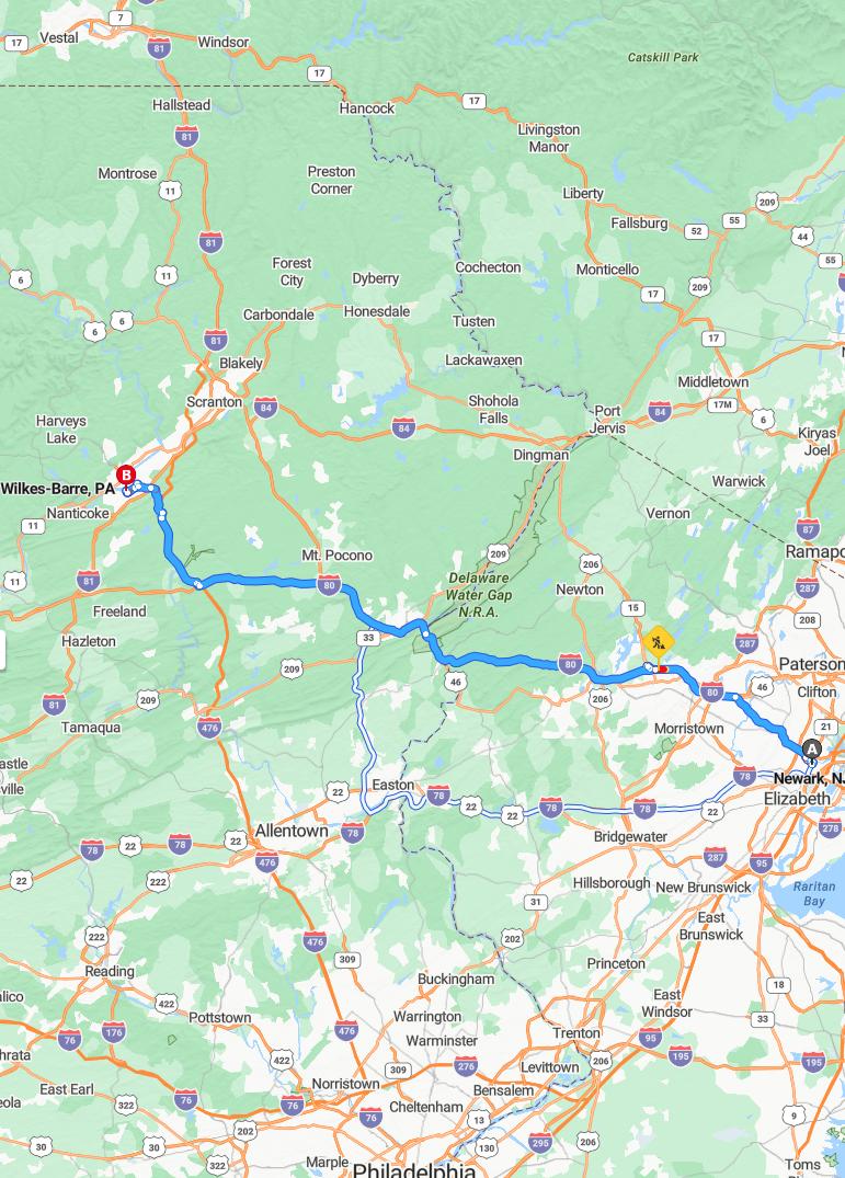 driving from Newark, New Jersey to Wilkes-BarrePennsylvania - map and route