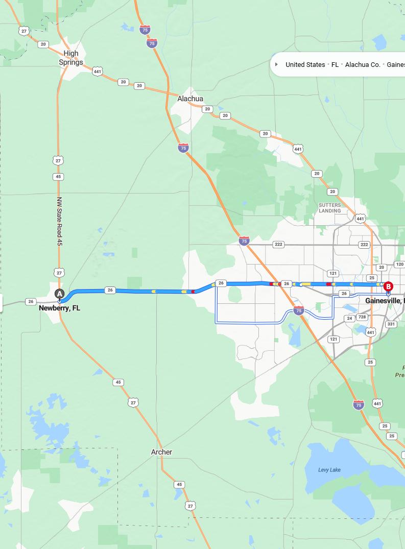 driving from Newberry, Florida to GainesvilleFlorida - map and route