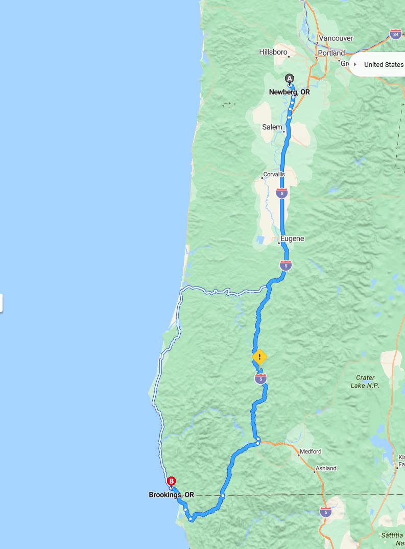 driving from Newburg, Oregon to BrookingsOregon - map and route