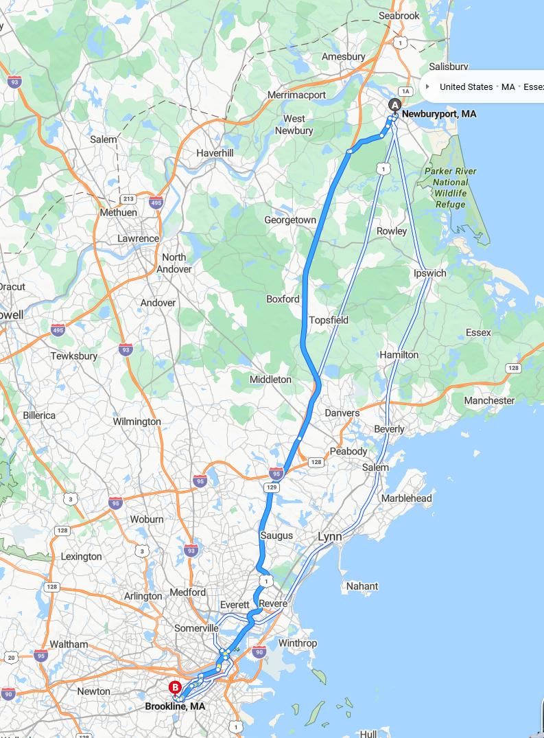 driving from Newburyport, Massachusetts to BrooklineMassachusetts - map and route