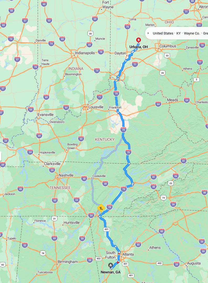 driving from Newnan, Georgia to UrbanaOhio - map and route
