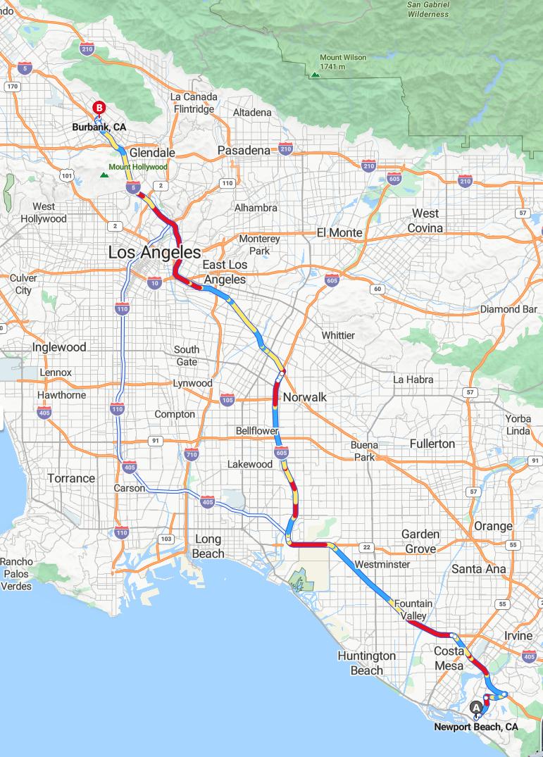 driving from Newport Beach, California to BurbankCalifornia - map and route