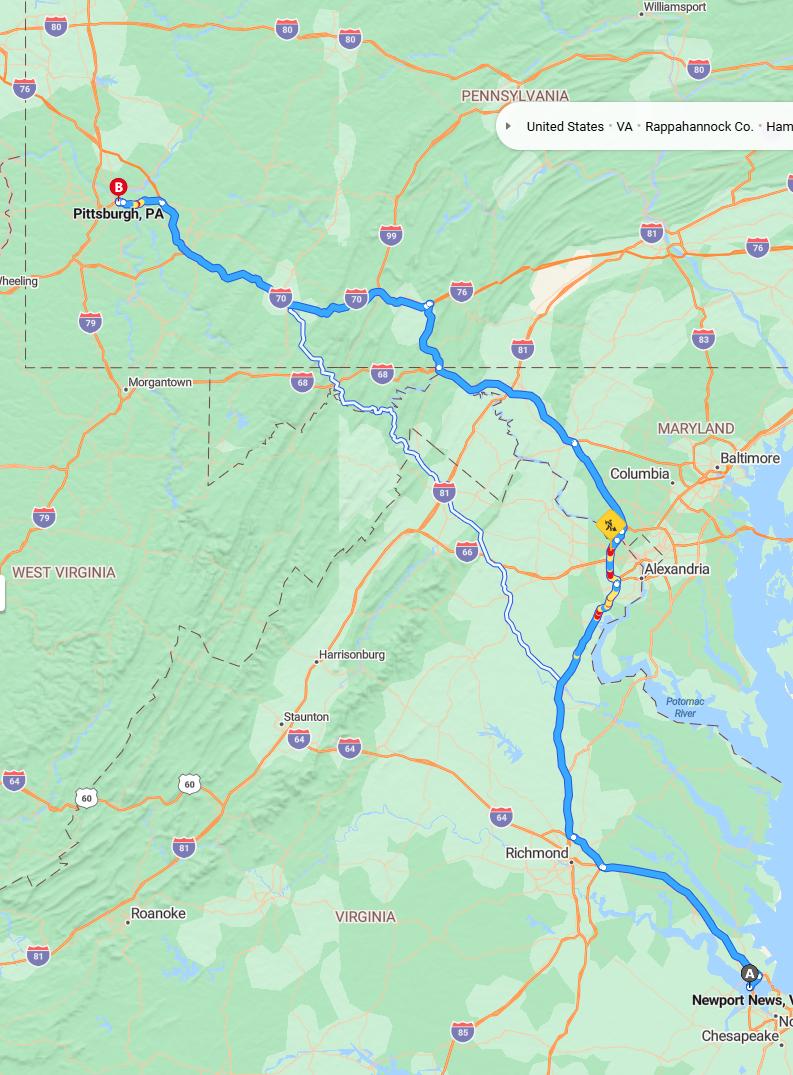 driving from Newport News, Virginia to PittsburghPennsylvania - map and route