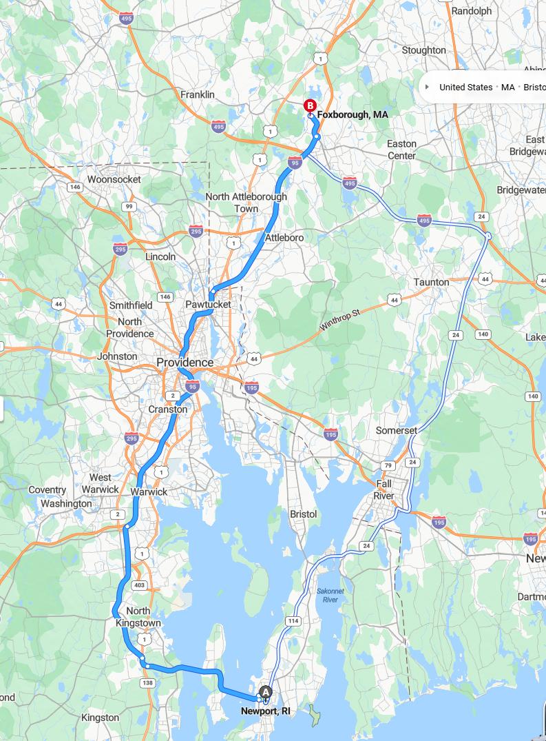 driving from Newport, Rhode Island to FoxboroMassachusetts - map and route