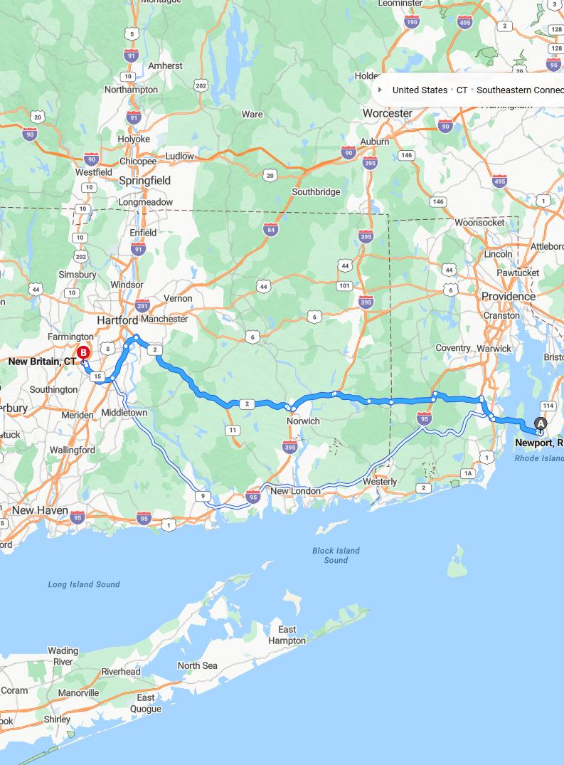 driving from Newport, Rhode Island to New BritainConnecticut - map and route
