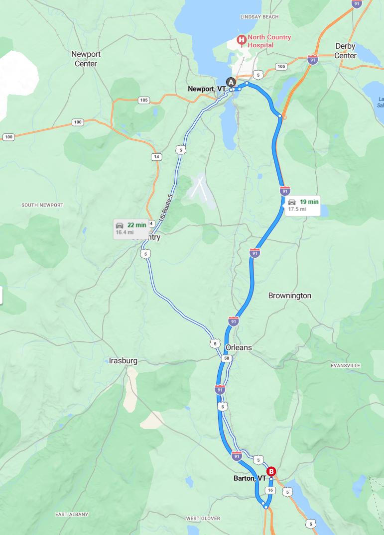 driving from Newport, Vermont to BartonVermont - map and route