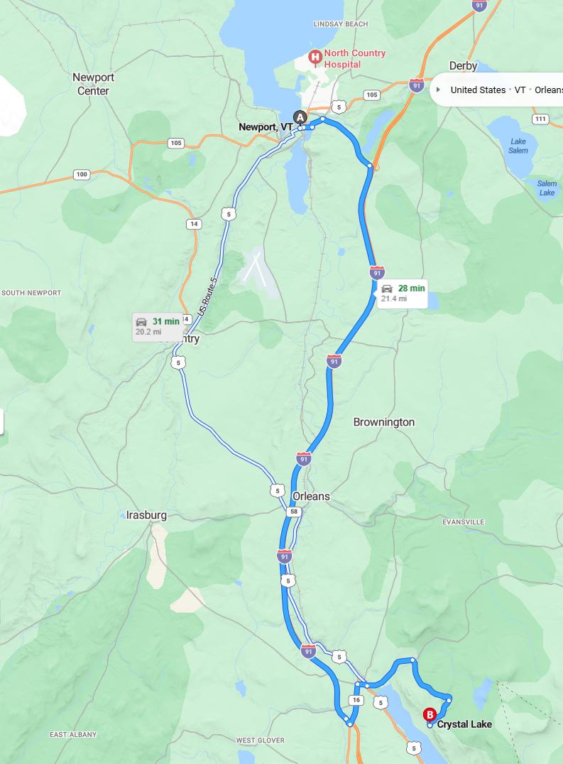 driving from Newport, Vermont to Crystal LakeVermont - map and route