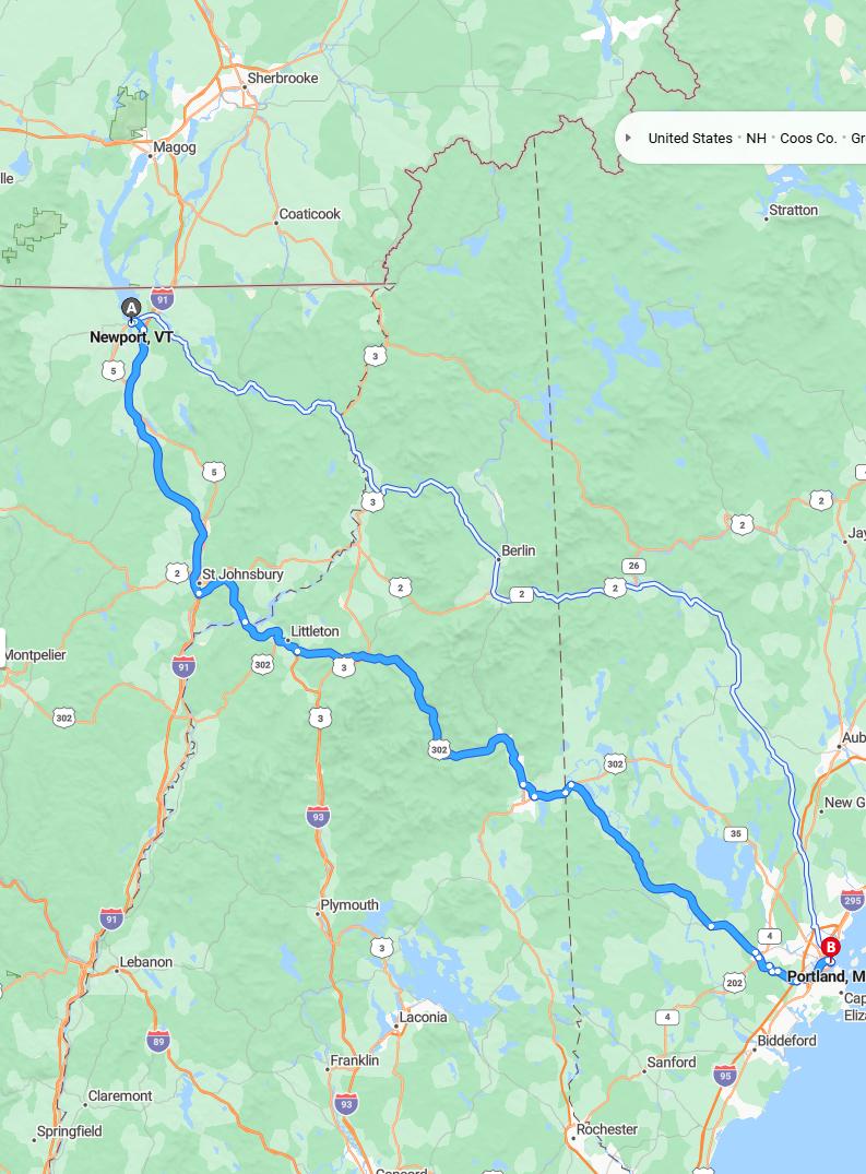 driving from Newport, Vermont to PortlandMaine - map and route