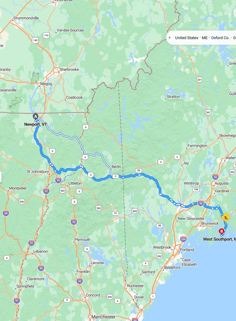 driving from Newport, Vermont to West SouthportMaine - map and route