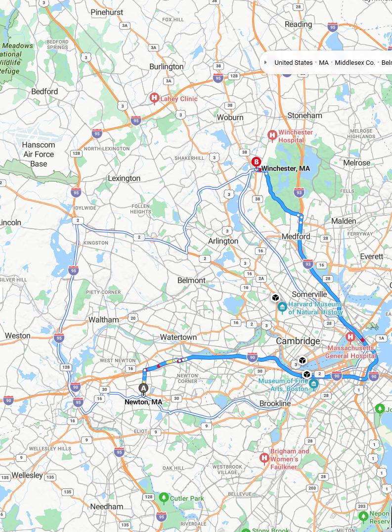 driving from Newton, Massachusetts to WinchesterMassachusetts - map and route
