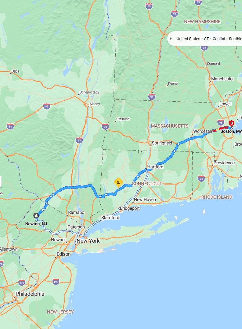 driving from Newton, New Jersey to BostonMassachusetts - map and route