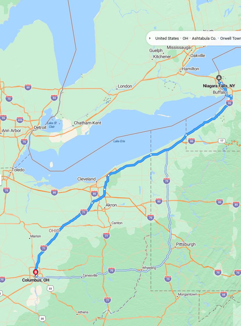 driving from Niagara Falls, New York to ColumbusOhio - map and route