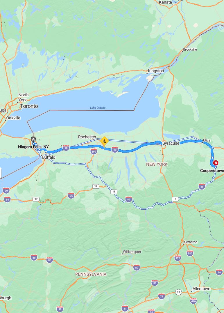 driving from Niagara Falls, New York to CooperstownNew York - map and route