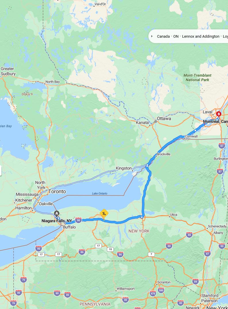 driving from Niagara Falls, New York to MontrealQuebec - map and route