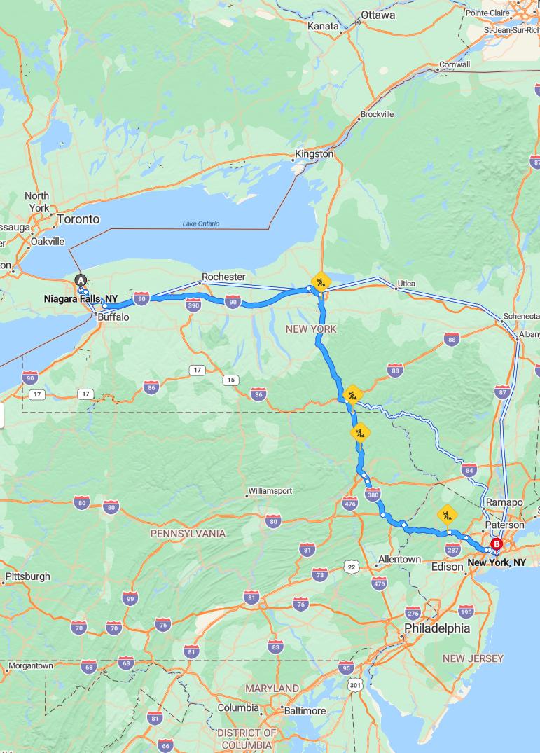 driving from Niagara Falls, New York to New York CityNew York - map and route