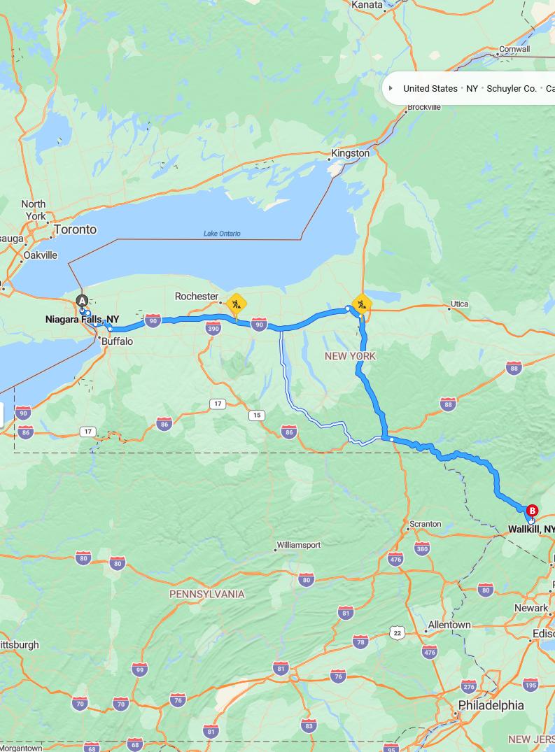 driving from Niagara Falls, New York to WallkillNew York - map and route
