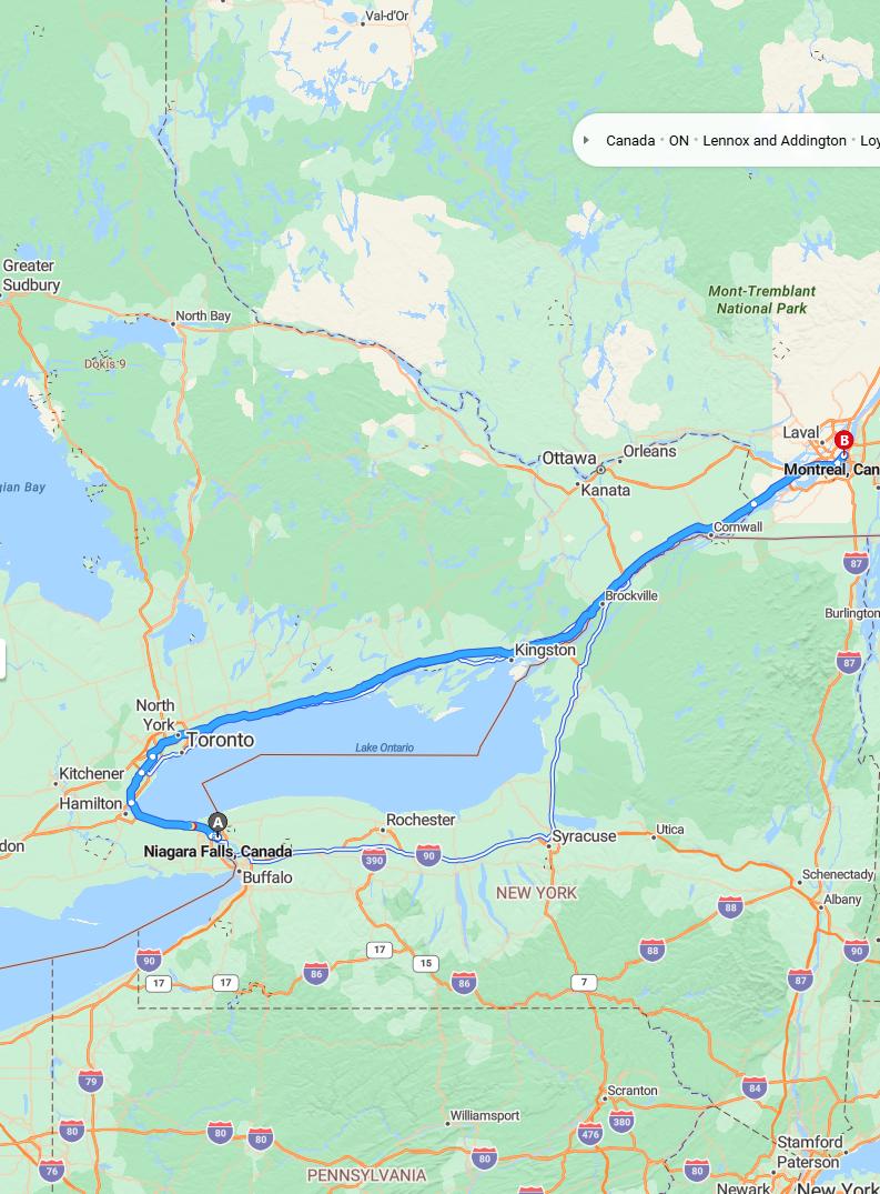 driving from Niagara Falls, Ontario to MontrealQuebec - map and route