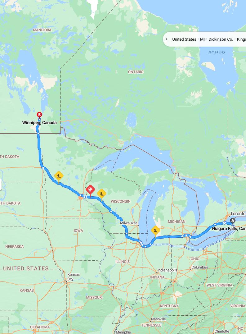 driving from Niagara Falls, Ontario to WinnipegManitoba - map and route