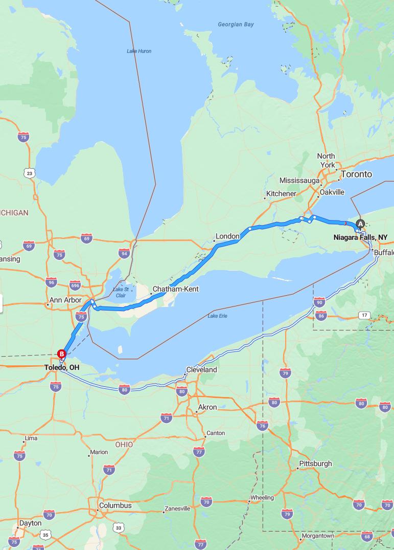 driving from Niagra Falls, New York to ToledoOhio - map and route