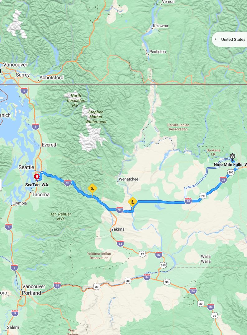 driving from Nine Mile Falls, Washington to SeaTacWashington - map and route