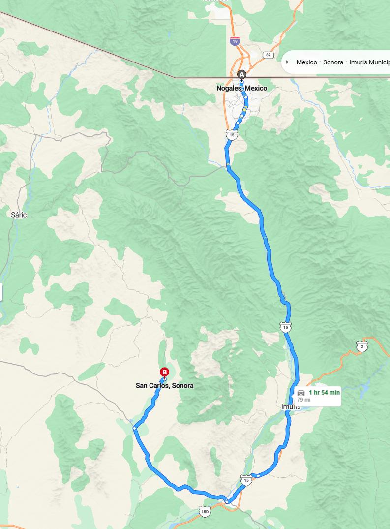 driving from Nogales, Sonora to San CarlosSonora - map and route