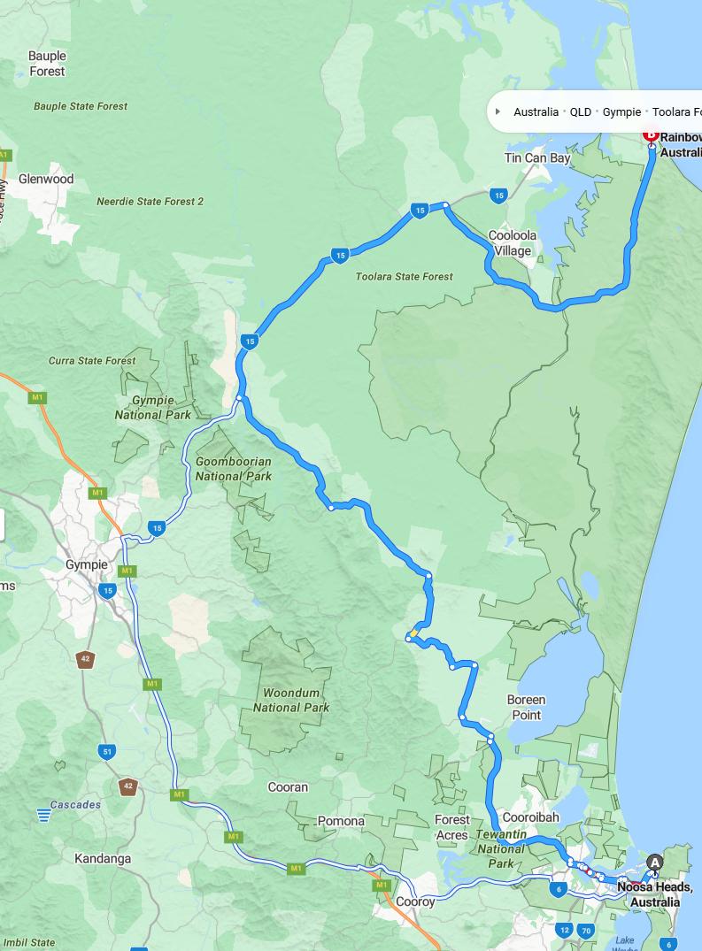 driving from Noosa Heads, Queensland to Rainbow BeachQueensland - map and route
