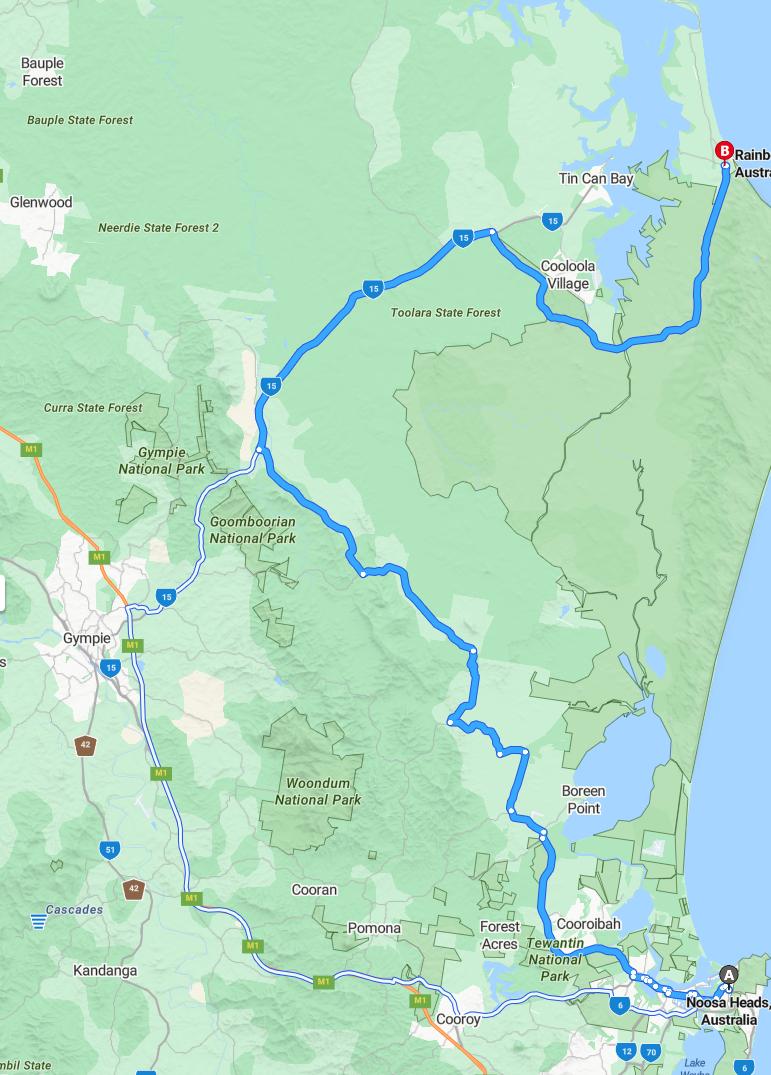 driving from Noosa, Queensland to Rainbow BeachQueensland - map and route