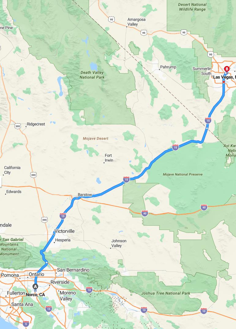 driving from Norco, California to Las VegasNevada - map and route