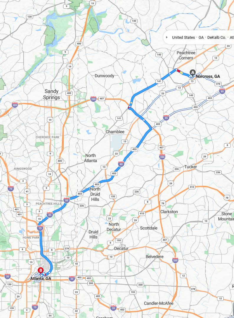 driving from Norcross, Georgia to AtlantaGeorgia - map and route