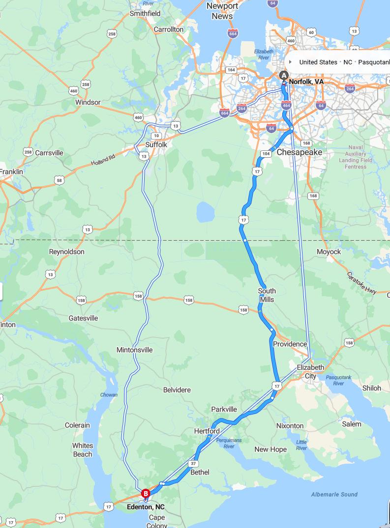 driving from Norfolk, Virginia to EdentonNorth Carolina - map and route