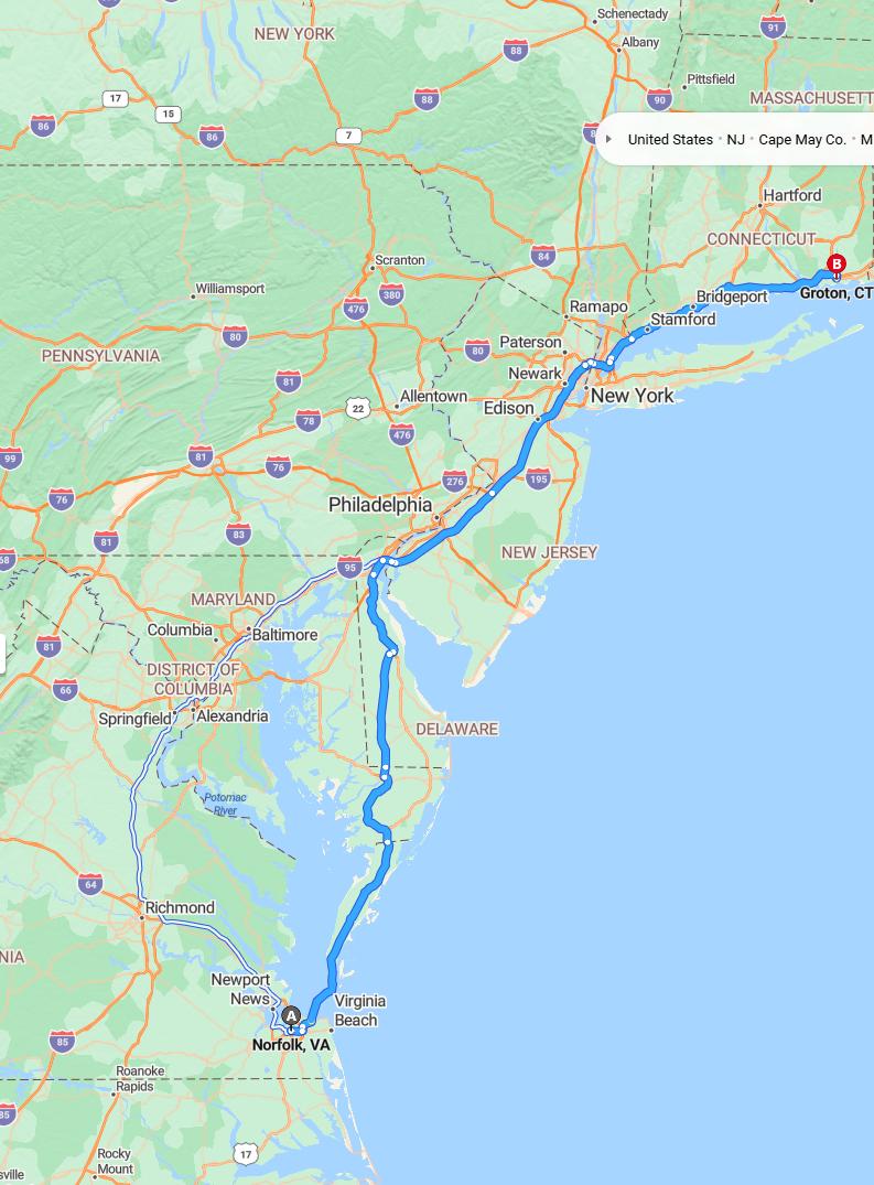 driving from Norfolk, Virginia to GrotonConnecticut - map and route
