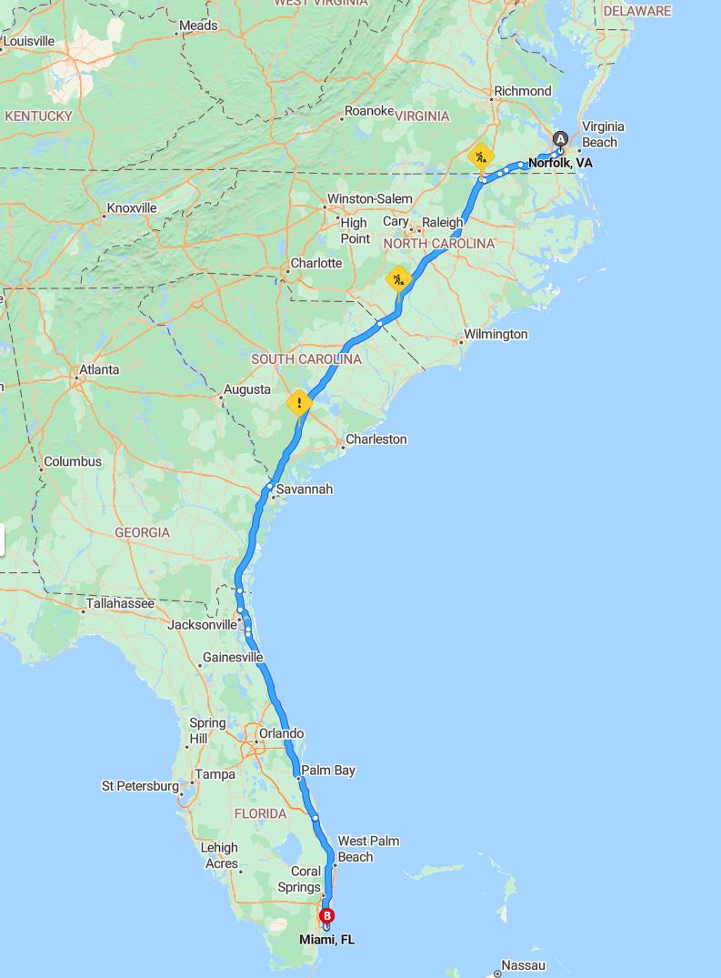 driving from Norfolk, Virginia to MiamiFlorida - map and route