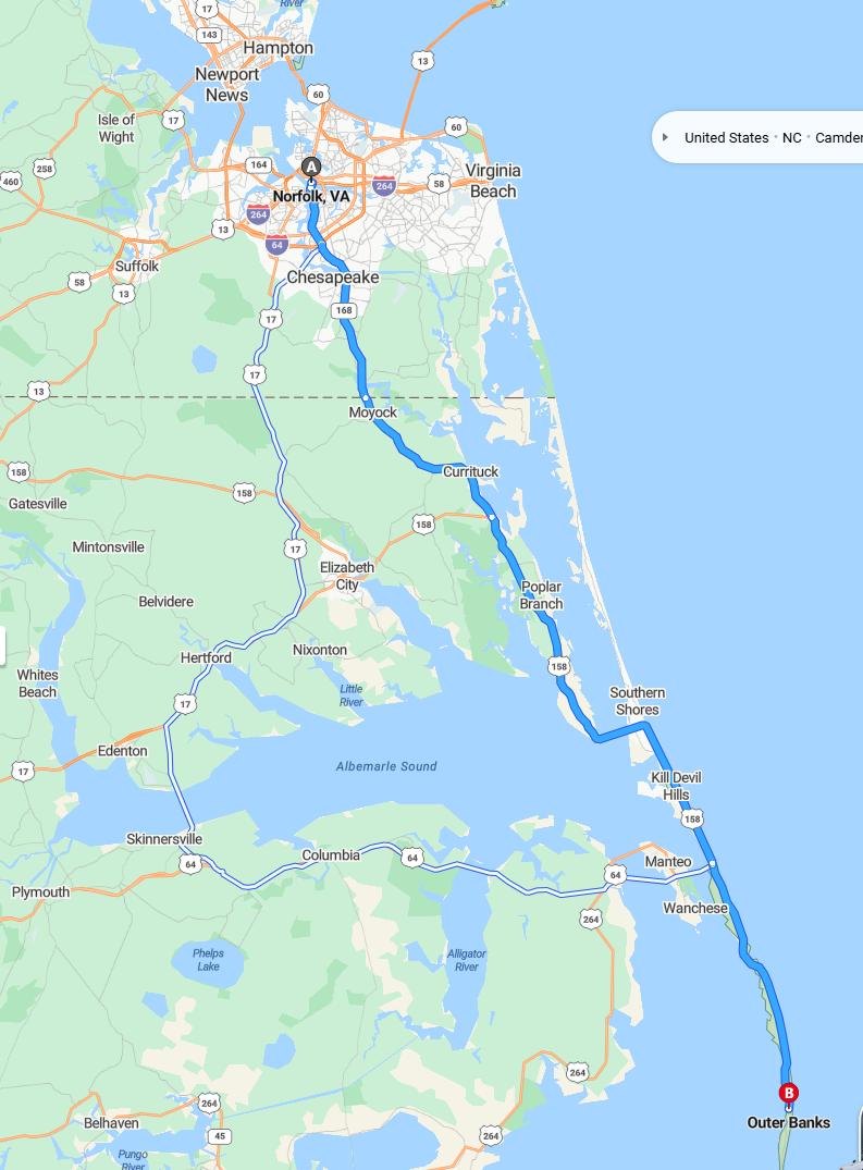 driving from Norfolk, Virginia to Outer BanksNorth Carolina - map and route