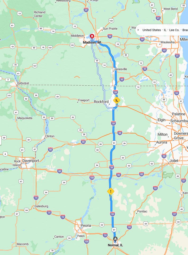 driving from Normal, Illinois to MadisonWisconsin - map and route