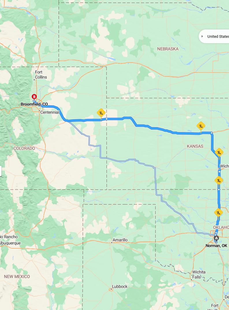 driving from Norman, Oklahoma to BroomfieldColorado - map and route