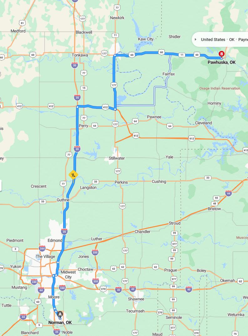driving from Norman, Oklahoma to PawhuskaOklahoma - map and route