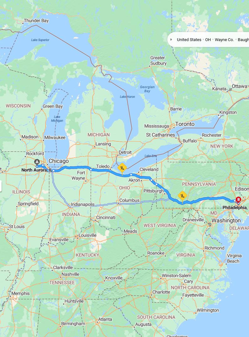 driving from North Aurora, Illinois to PhiladelphiaPennsylvania - map and route