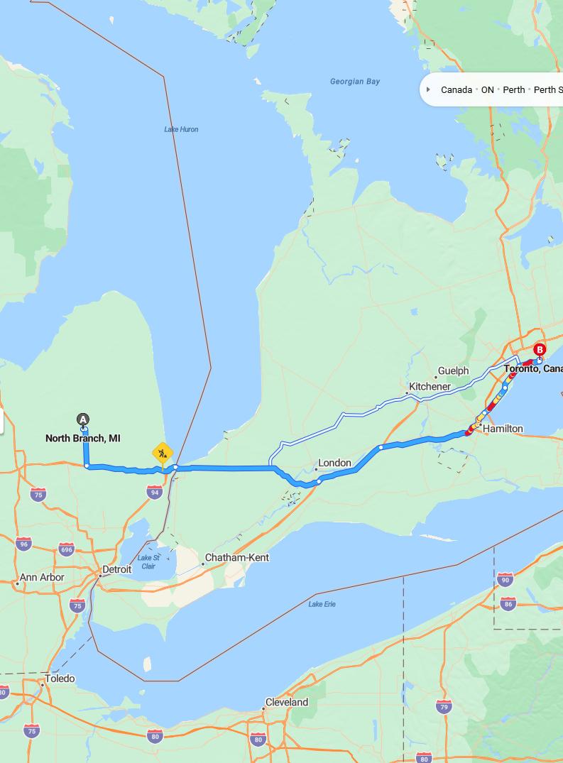 driving from North Branch, Michigan to TorontoOntario - map and route