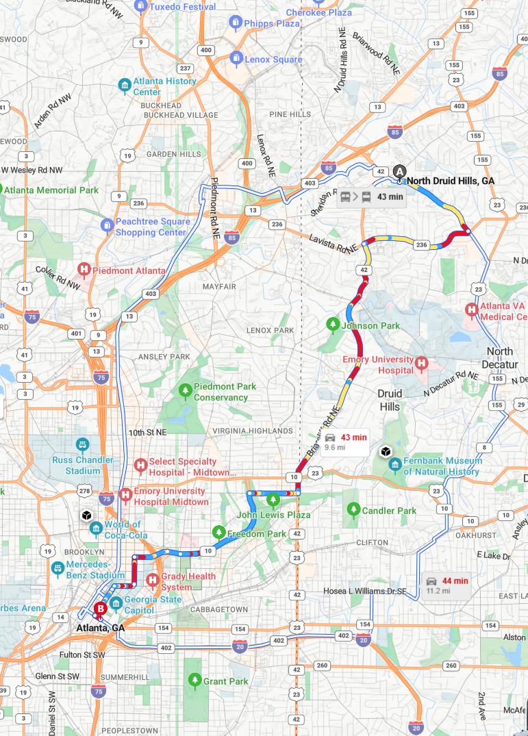 driving from North Druid Hills, Georgia to AtlantaGeorgia - map and route