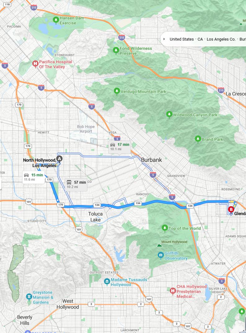 driving from North Hollywood, California to GlendaleCalifornia - map and route