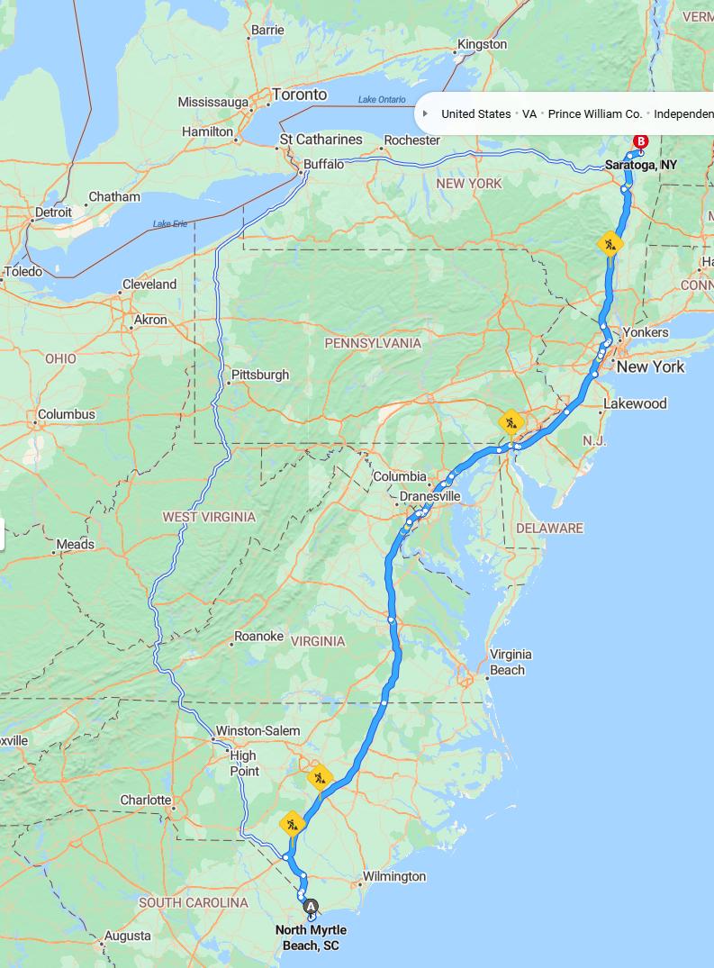 driving from North Myrtle Beach, South Carolina to SaratogaNew York - map and route
