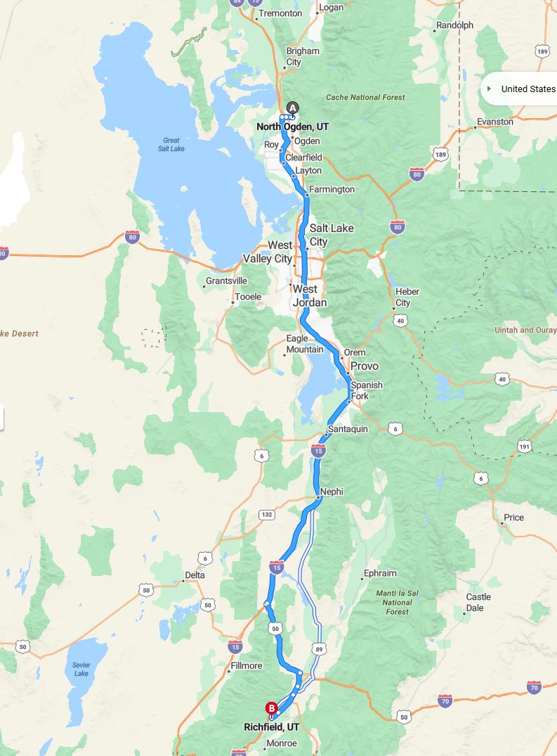 driving from North Ogden, Utah to RichfieldUtah - map and route