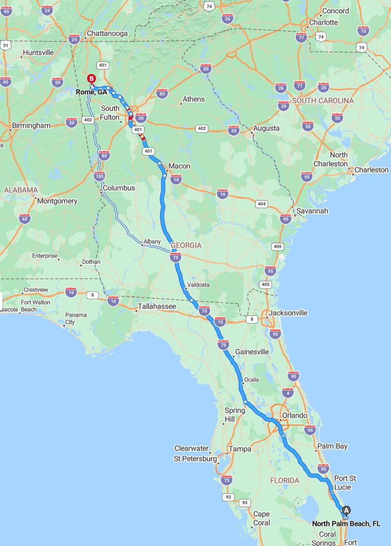 driving from North Palm Beach, Florida to RomeGeorgia - map and route