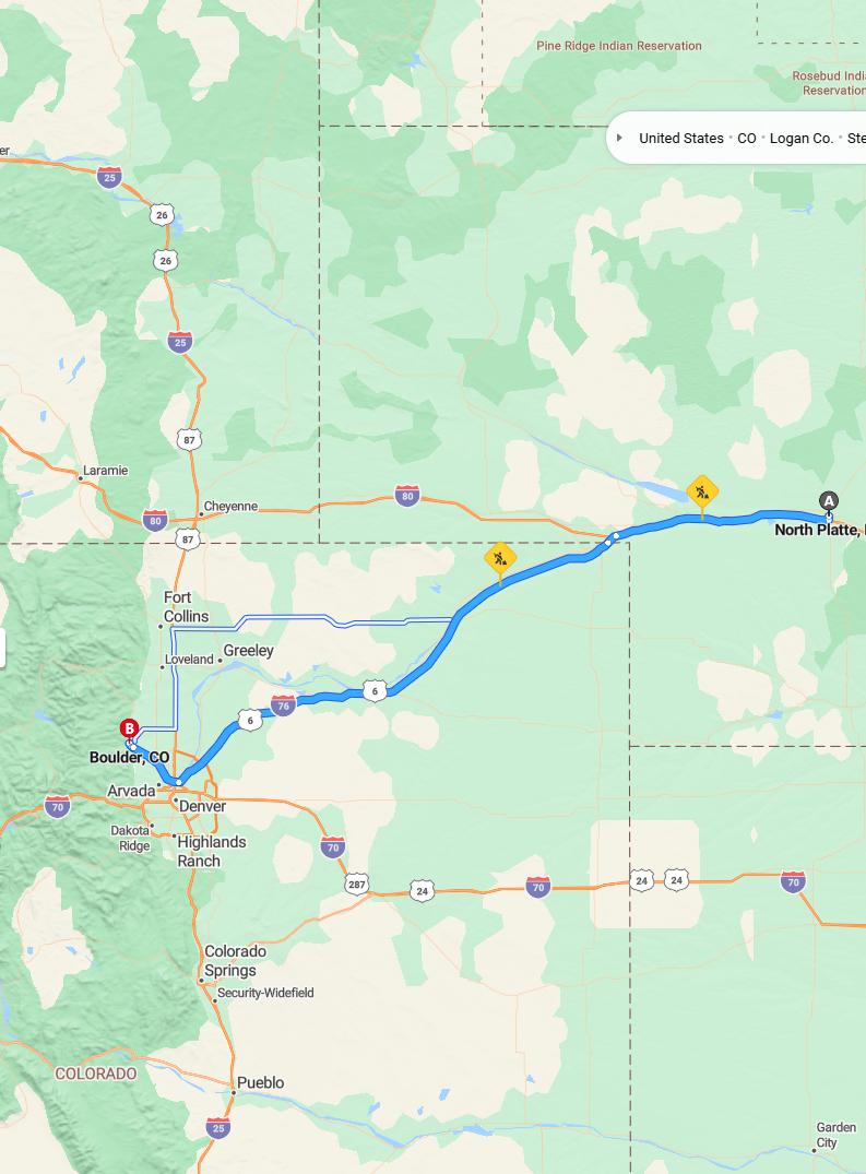 driving from North Platte, Nebraska to BoulderColorado - map and route