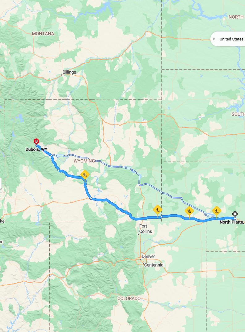 driving from North Platte, Nebraska to DuboisWyoming - map and route