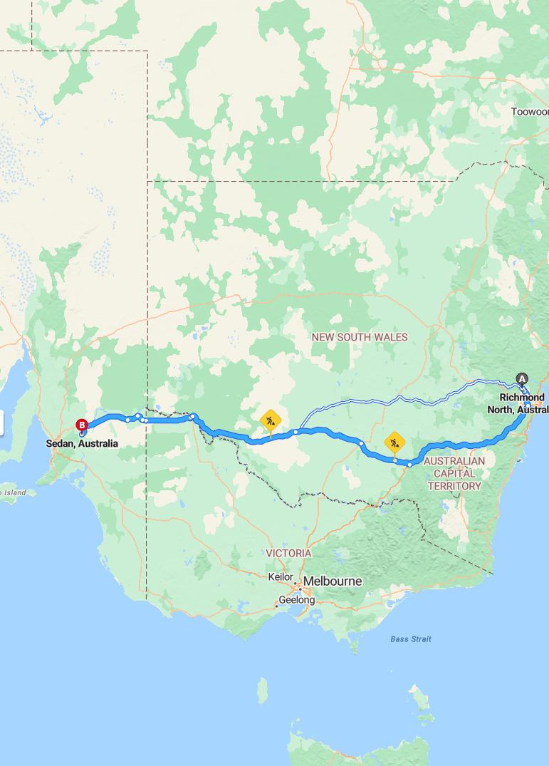 driving from North Richmond, New South Wales to SedanSouth Australia - map and route