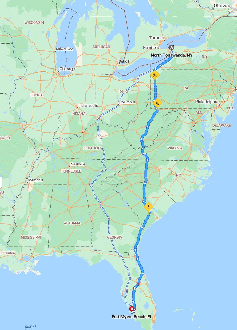driving from North Tonawanda, New York to Fort Myers BeachFlorida - map and route