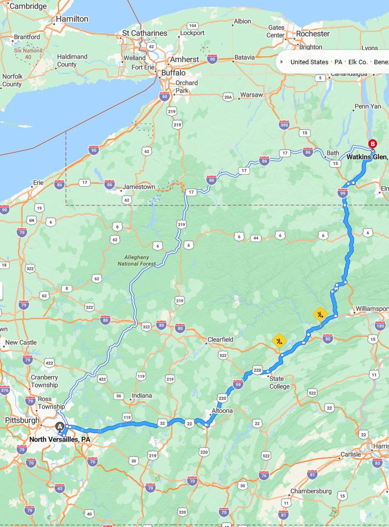 driving from North Versailles, Pennsylvania to Watkins GlenNew York - map and route