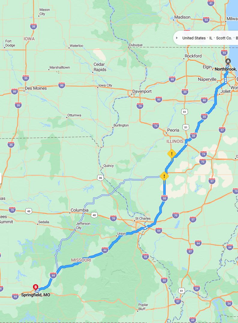 driving from Northbrook, Illinois to SpringfieldMissouri - map and route